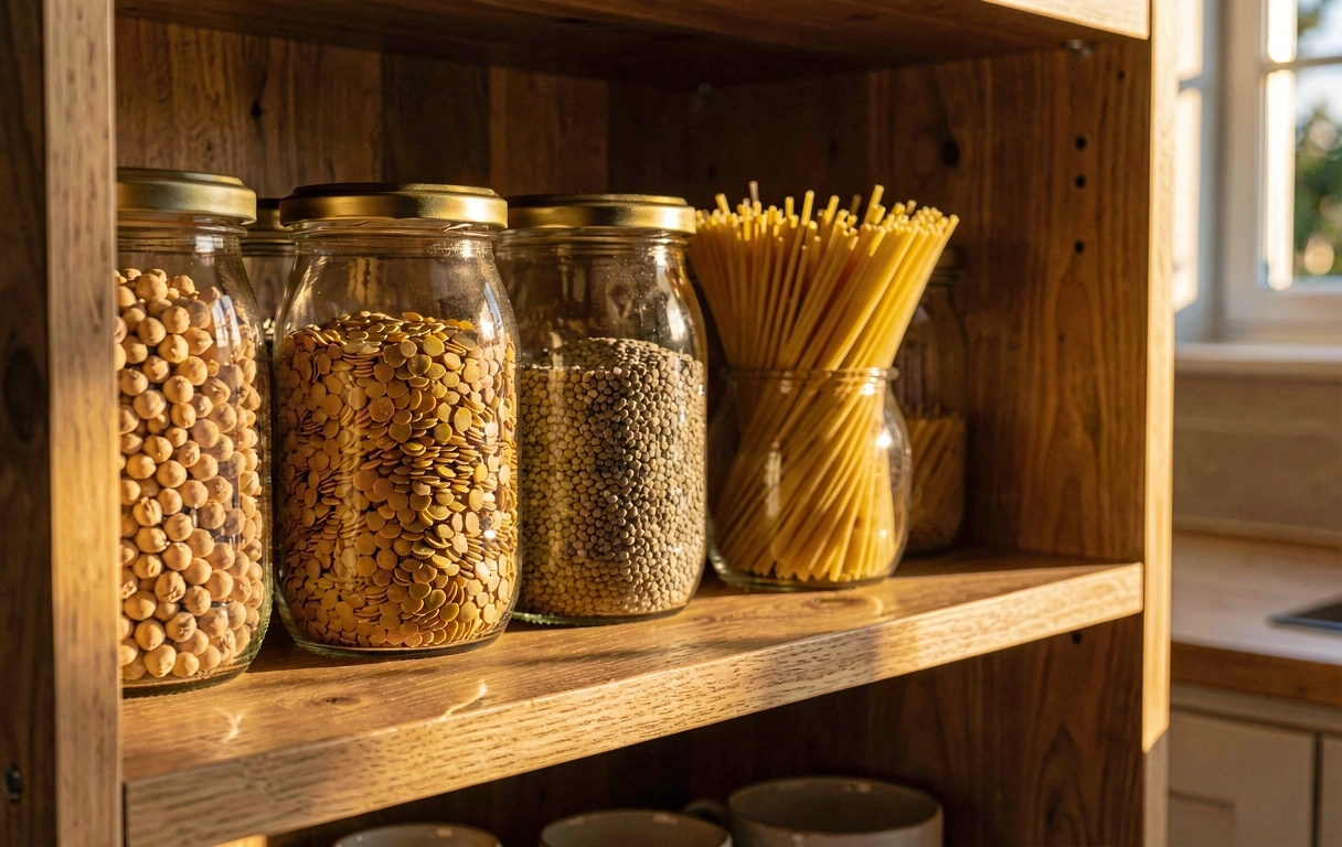 Despensa organizada con tarros de cristal y legumbres